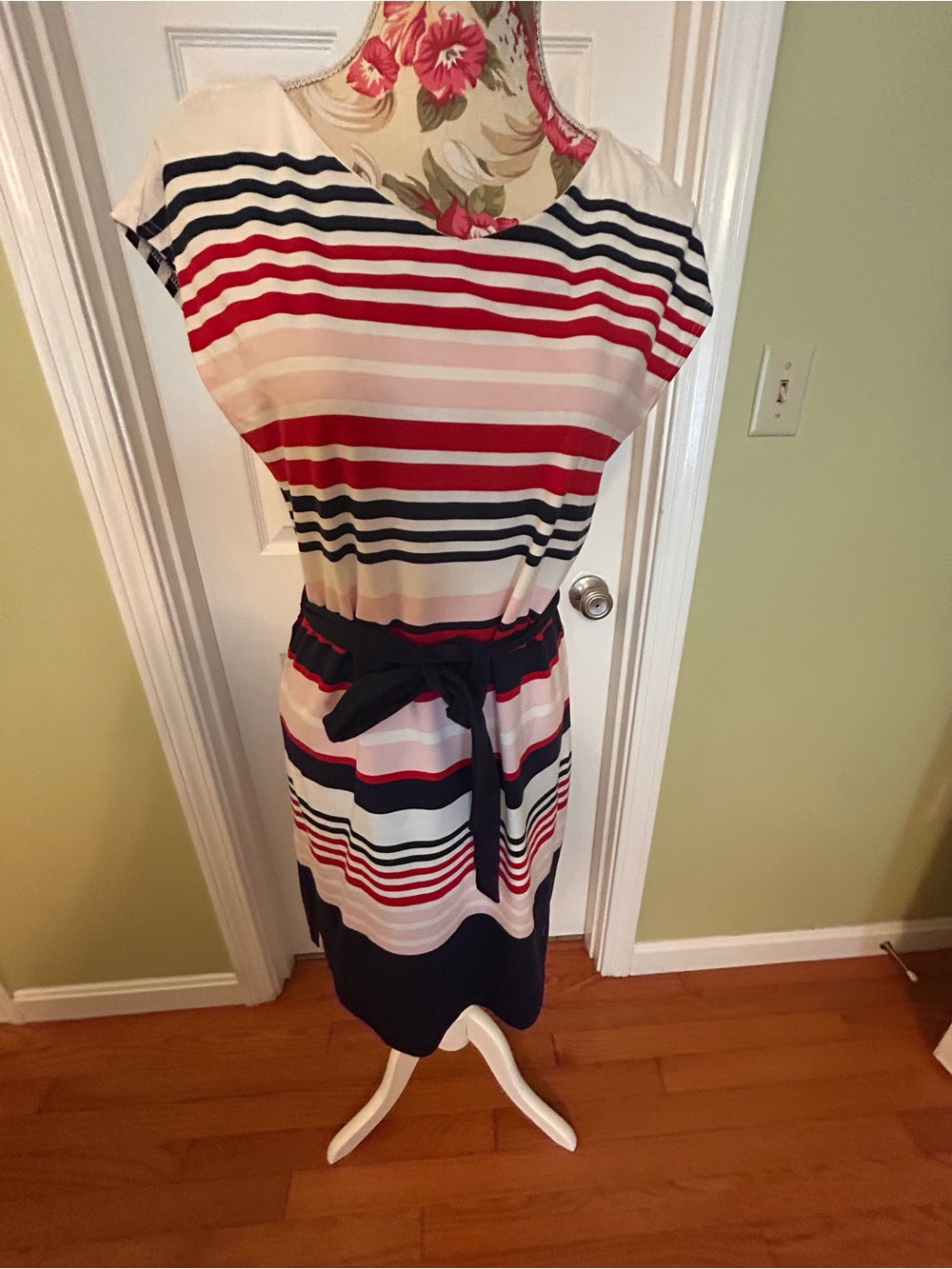 Tommy Hilfiger Navy, Red & White Striped Belted Midi Dress